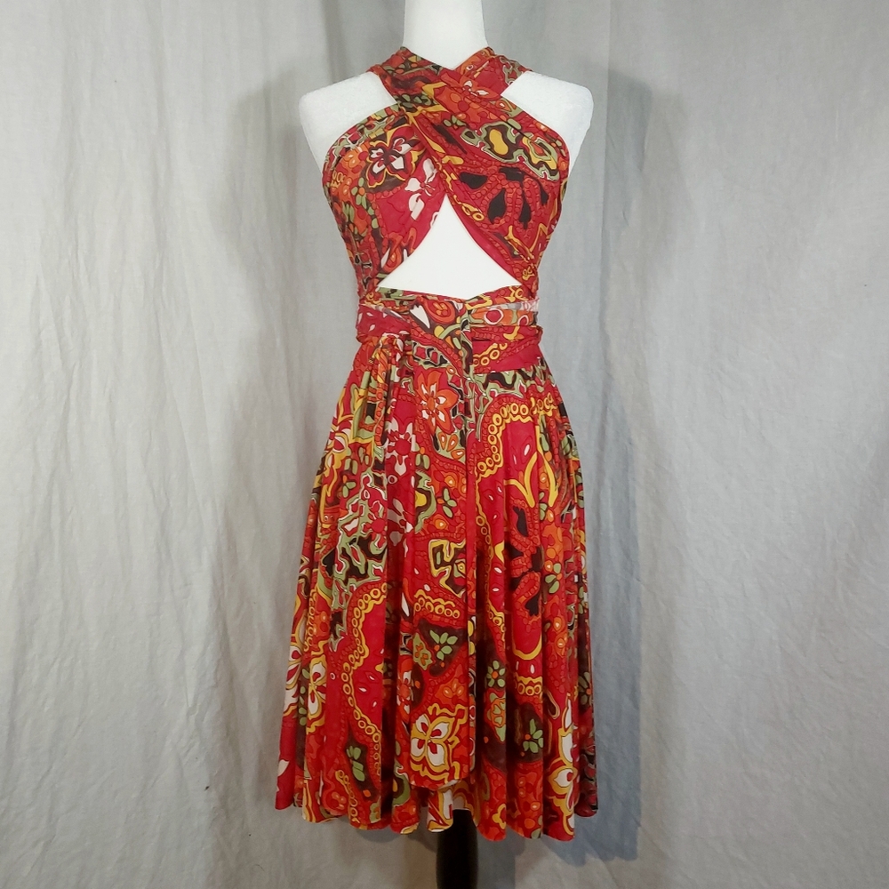 Von Vonni red & gold tropical print transformer dress, O/S (up to 10-12)